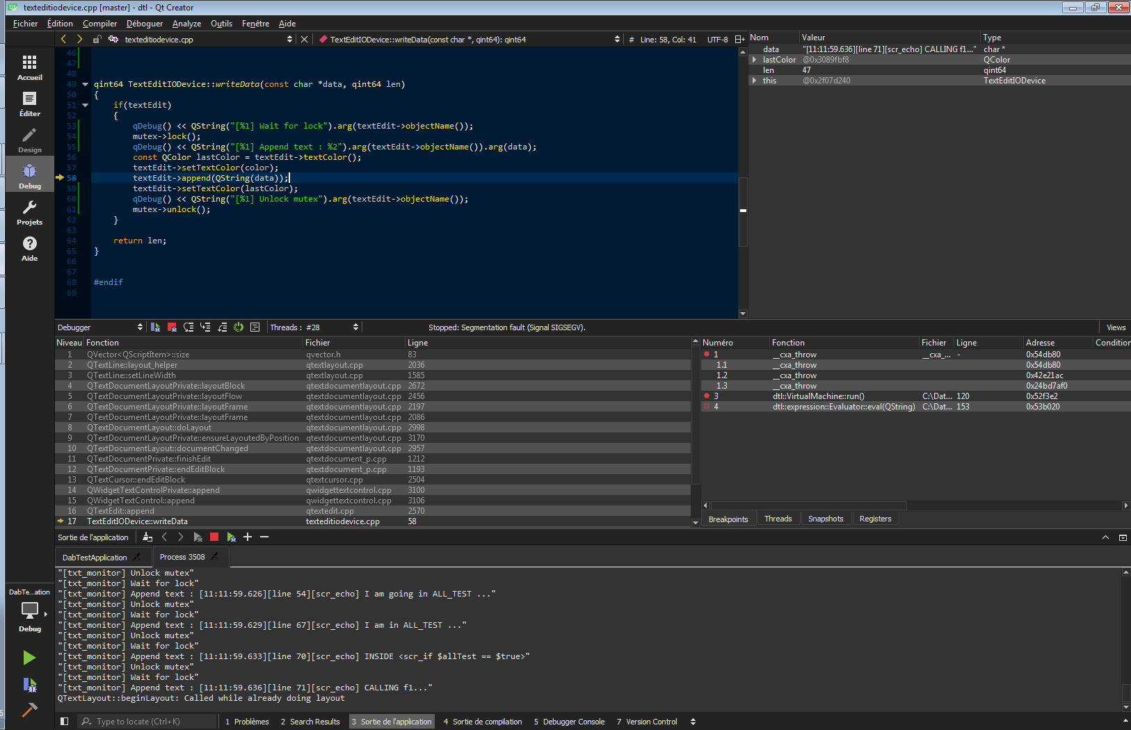 Cpp args. SIGSEGV (Segmentation Fault). QTEXTEDIT. Mutex. Terminated by SIGSEGV.